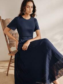 Anewsta 新款优雅圆领短袖连衣裙，褶裥下摆设计，藏蓝色，配有同色腰带 - 藏蓝色 - 查看 1