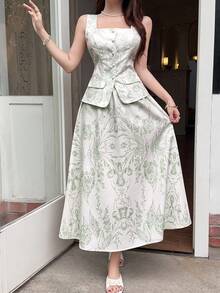 Women's Full Print Single-Breasted Top And Skirt Casual 2 Pieces Set - Green - View 1