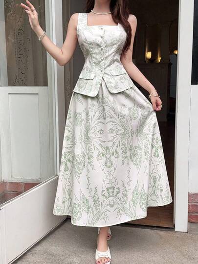Feyla Conjunto informal de 2 piezas de blusa de un solo pecho con estampado completo y falda para mujer