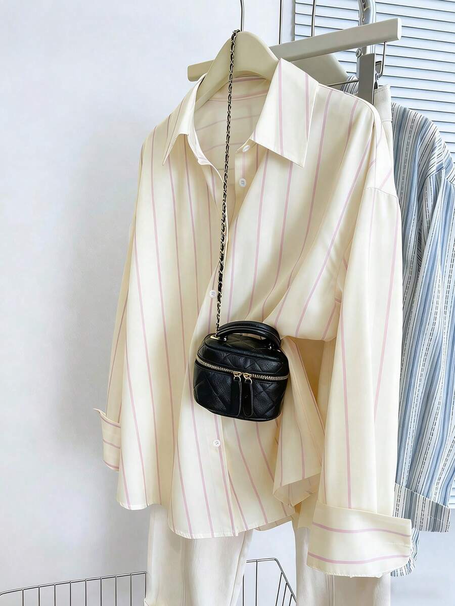 Women's Casual Commuter Striped Front Button Down Long Sleeve Shirt - Apricot - View 1