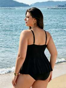Swim Lushoire Plus Size Women's Solid Color Metal Decor Ruched Tankini Top And Triangle Tankini Bottom Swimwear Set, Suitable For Summer Vacation - Black - View 2