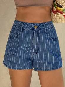 DAZY 女士条纹高腰口袋宽松休闲牛仔短裤 - 藍色 - 查看 3