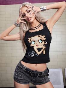 Betty Boop | ROMWE Y2K 联名性感星形金属铆钉紧身背心 - 黑色 - 查看 4