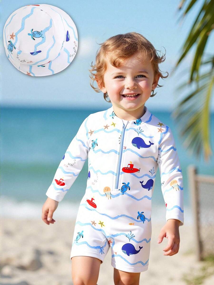 SHEIN Bộ đồ bơi dài tay in hình cá voi cho bé trai sơ sinh/trẻ nhỏ, kèm mũ rộng vành chống nắng. - Nhiều màu - Xem 1
