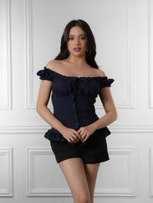 Criza Taa Women's Summer Solid Color Ruffle Hem Tie Waist Short Sleeve Blouse - Navy Blue - View 1