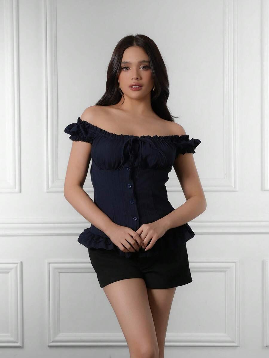 Criza Taa Women's Summer Solid Color Ruffle Hem Tie Waist Short Sleeve Blouse - Navy Blue - View 1