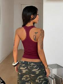 Coolane Áo croptop nữ mùa xuân phong cách đường phố Y2K cơ bản, thoải mái, phối ren, co giãn, thích hợp mặc hàng ngày. - Màu Đỏ Sâu - Xem 2