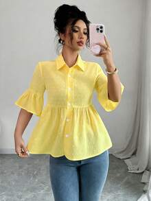 Elenzga 女士时尚优雅波点短袖纽扣衬衫 - 黃色 - 查看 5