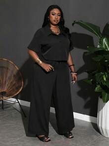 Slaydiva Women's Plus Size Pocket Green Shirt And Casual Pants 2 Pieces Set,Holiday Outfits - Black - View 1