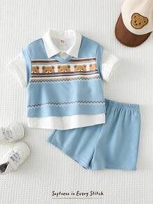 Cozy Pixies Bộ 3 món cho bé trai in hình động vật hoạt hình: áo polo cổ bẻ, áo ba lỗ và quần short cạp chun. - Màu xanh lam - Xem 8