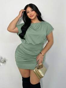 Firerie Plus Size Women Solid Color Pleated Casual Minimalist Short Sleeve Bodycon Dress - Mint Green - View 3