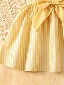 SHEIN Young Girl Blue&White Striped Floral Print Bow Ruffle Hem Short Sleeve Pink Casual Dress,Fashionable Infant Daily Wear Spring/Summer Holiday Style - Yellow - View 6