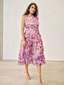 MOTF PREMIUM WOMEN'S ELEGANT RUFFLE HEM ALLOVER PRINT SLEEVELESS DRESS - Purple - View 5