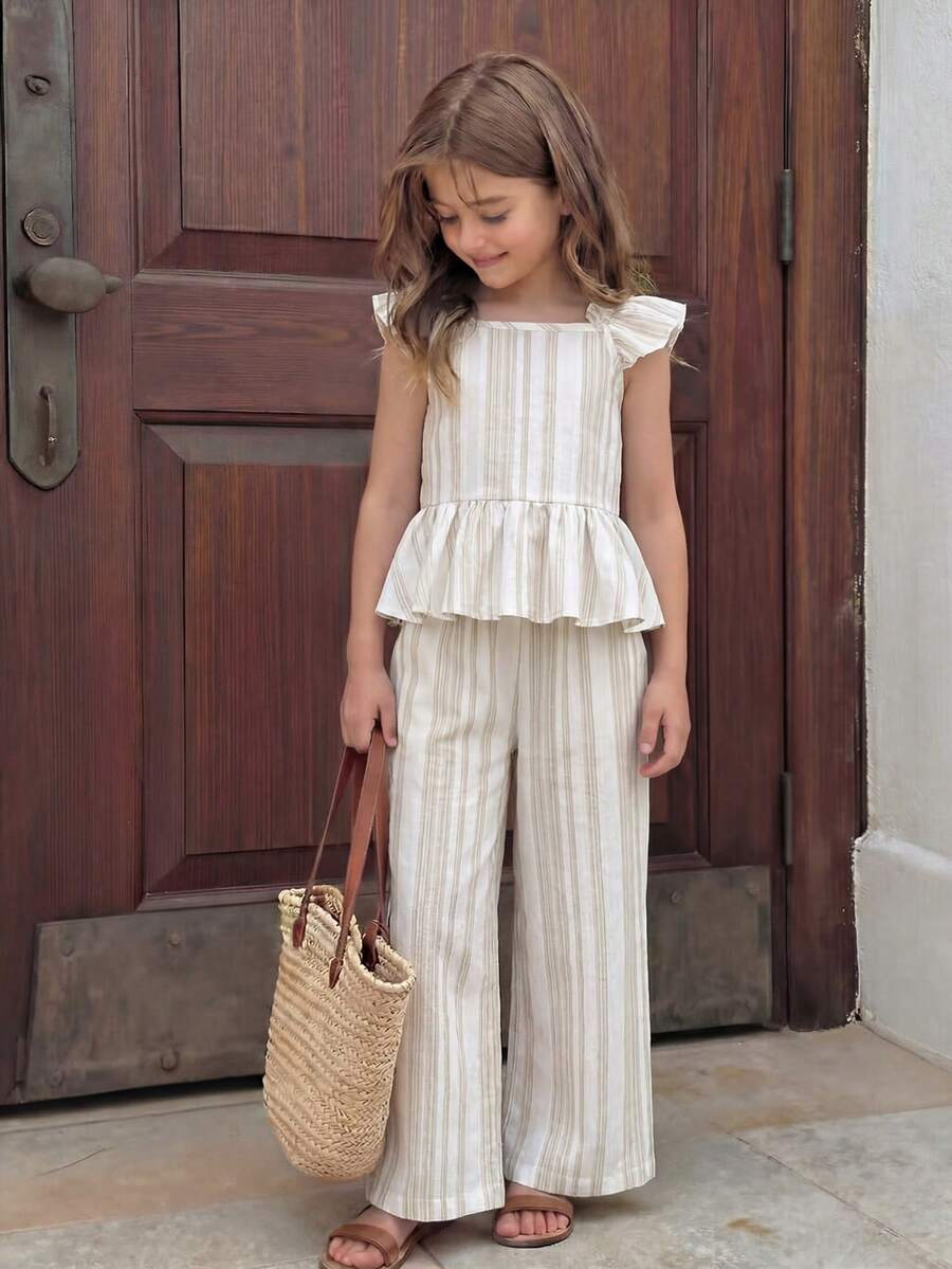 SHEIN Bộ đồ đôi 2 món cho bé gái, gồm áo vest và quần dài kẻ sọc dệt, cổ vuông, có bèo nhún và nơ, kiểu dáng thường ngày. - Màu be - Xem 1