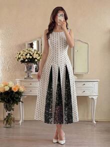 Modelyn Đầm nữ màu mơ dệt chấm bi, cổ môi, không tay, dáng chữ A, phối ren, thanh lịch, lãng mạn, dài ngang gối, thích hợp cho mùa xuân/hè. - Màu be - Xem 6