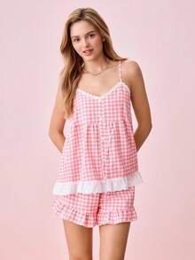 Bonmuse Bộ đồ ngủ 2 mảnh họa tiết kẻ caro và quần short cho nữ - Nhiều màu - Xem 3