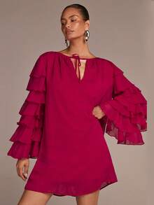 Women's Elegant Ruffle Trim Long Sleeve Teardrop Neck Mini Dress, Suitable For Spring/Summer Occasions, Weddings, Parties, Romantic Vacations - Red - View 5