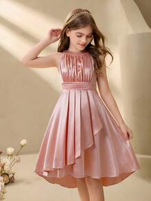 SHEIN 优雅的婚礼花童礼服，雪纺花卉露背无袖中长连衣裙，时尚蓬蓬公主裙 - 粉色 - 查看 1