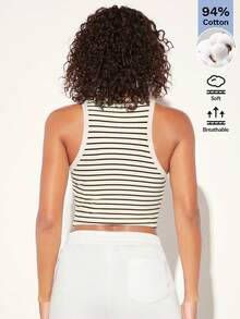 SHEIN BASICS Women's Casual Striped Fitted Cropped Tank Top, Summer Tops For Ladies Casual Summer Tops - Black and White - View 4