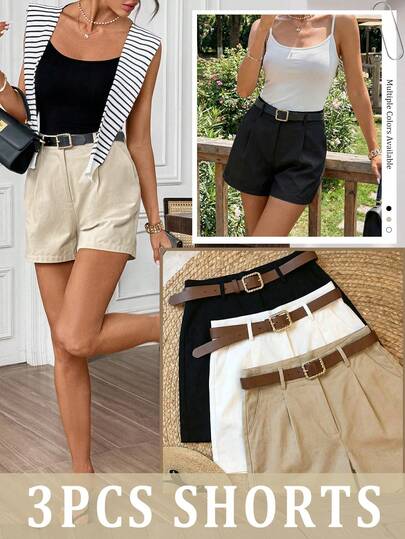 SHEIN Clasi 3 paquetes de pantalones cortos con bolsillos en ángulo sin cinturón, ropa de verano para mujeres, pantalones cortos de algodón para mujeres, pantalones cortos para mujeres con bolsillos, pantalones cortos para mujeres de primavera, pantalones cortos de verano para mujeres, pantalones cortos casuales para mujeres, pantalones cortos plisados para mujeres, pantalones cortos caqui para mujeres, pantalones cortos de verano, pantalones cortos de verano, conjuntos de 3 piezas de pantalones cortos para mujeres, conjuntos de vacaciones para mujeres, conjuntos de ropa de verano para mujeres, pantalones cortos de trabajo de verano para mujeres, conjuntos de playa para mujeres