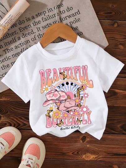 1件少女休闲夏季度假花卉蝴蝶字母印花圆领短袖针织T恤，适合海滩度假和夏季穿搭