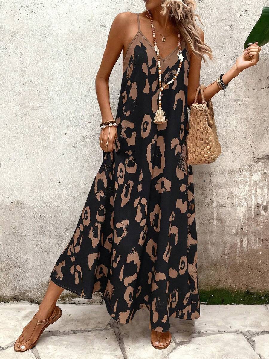 EMERY ROSE Gaun Tanpa Lengan Motif Leopard untuk Wanita, Gaun Liburan Kasual Maxi untuk Pantai - Hitam - View 1