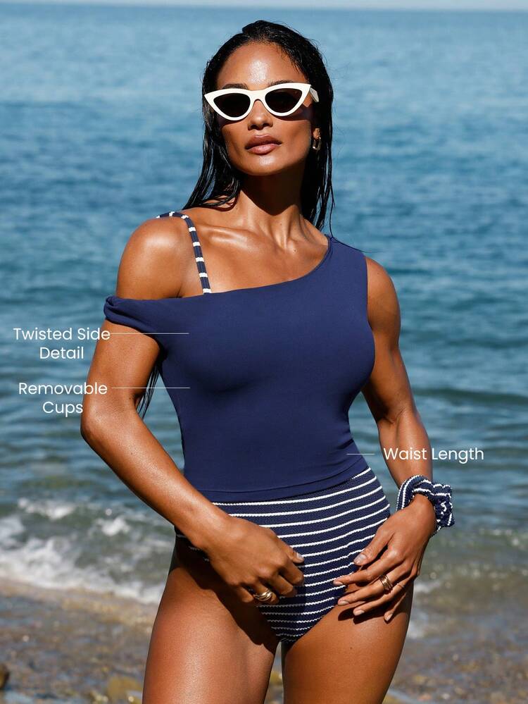 FeatherFit™ Sun-Soaked Buttery-Soft Sweat-Wicking Waist Length Padded Off-The-Shoulder One-Shoulder Twisted Side Cropped Top Holiday Vacation Summer Daily Casual Wear