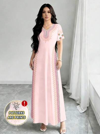 Al Najma 浅粉色女士长连衣裙，饰有漩涡和花卉刺绣图案，V领短袖收腰优雅夏季连衣裙