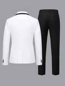 Manfinity Bizformal Men's Minimalist Solid Color Suit Jacket And Trousers Set Wedding Groom Suit White And Black Wedding Jacket, Men Clothing Two Pieces Wedding Suit Groom Outfit, Weekend Trips, Outdoor Activities, Travel Expeditions, Relaxed Work Environments Or Semi-Formal Occasions, Boyfriend/Husband Gift, Anniversary/Birthday Gift Party Summer Vacation Holiday New Years Wedding Valentine's Day Tuxedo Suit - Black and White - View 2