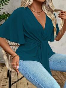 Linhara CURVE Plus Size Women's Fashionable Solid Color V-Neck Short Sleeve Blouse - Teal Blue - View 6