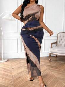 EMERY ROSE Plus Size Summer Tie-Dye Printed Maxi Dress,Navy Blue,Classy,Night Out Club Elegant One Shoulder Asymmetric Neckline Ruched Waist Side Slit Bodycon - Multicolor - View 8