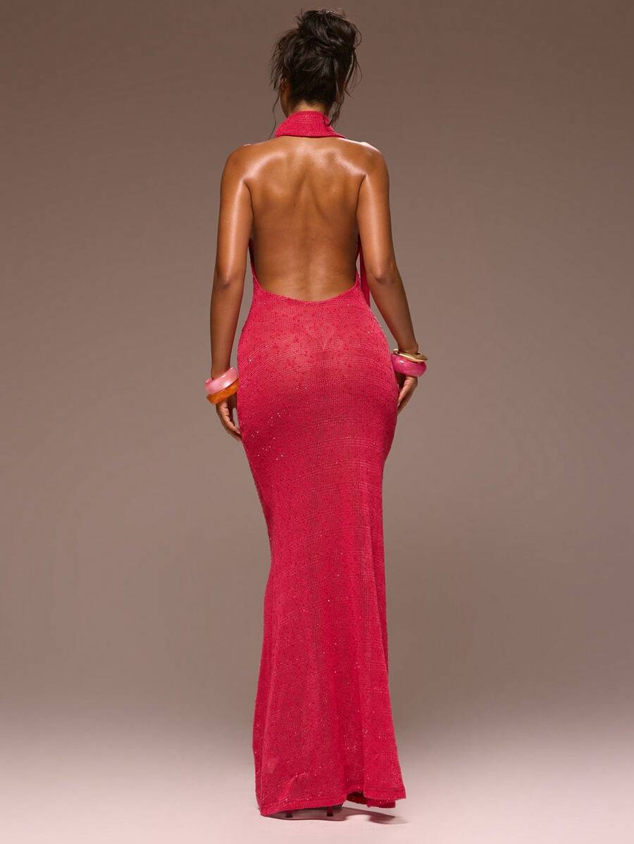 MUSERA Scarf Neck Detail Low Back Sequin Knit Fitted Maxi Dress Ibiza Girly Spring Summer Vacation Night Out Cute Occassion Golden Sands - Hot Pink - View 1