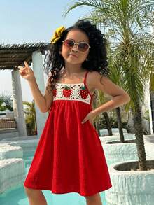 SHEIN Vestido de tirantes tejido cómodo y casual para niña - Rojo - Ver 5