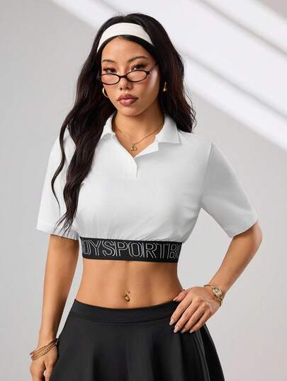 Easithlete Women's Fashion Minimalist Letter Print Contrast Color Cropped Sports Short Sleeve Polo Shirt