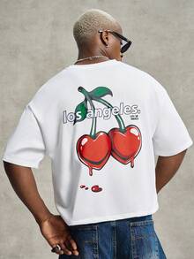 PAVTROS Men's Letter & Cherry Print Casual Short Sleeve T-Shirt - White - View 3