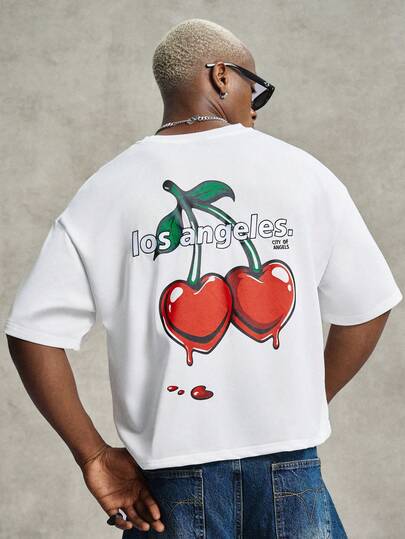 PAVTROS Men's Letter & Cherry Print Casual Short Sleeve T-Shirt