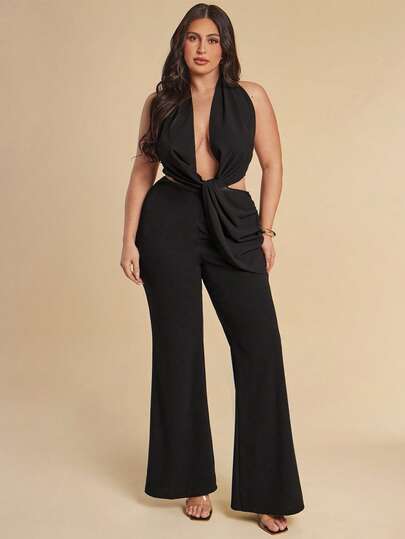 SHEIN BAE Bộ jumpsuit gợi cảm màu đen cổ khoét sâu, cỡ lớn