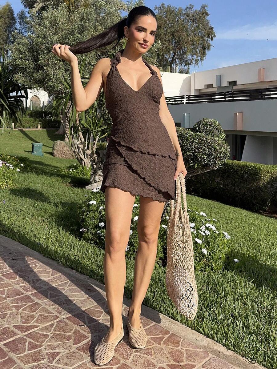 Marta Soriano 休闲女装/夏季服装/沙滩连衣裙/夏季服装/下午茶连衣裙/海滩度假装/大码沙滩装/夏季服装/海滩度假装/乡村音乐节棕色纹理迷你A字连衣裙 - 咖啡 - 查看 1