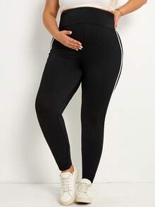 Plussiva Maternity Plus Size Adjustable High Waist Contrast Striped Side Skinny Leggings - Black - View 4