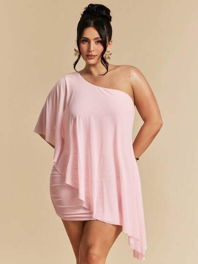 SHEIN BAE Đầm ngắn lệch vai thanh lịch dành cho nữ cỡ lớn, thích hợp cho mùa hè.
