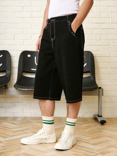 Zalmeno 男式纯色口袋休闲宽松牛仔短裤