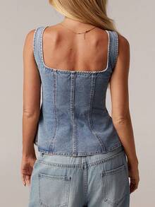Forever 21 Áo ba lỗ denim nữ có khóa kéo, ôm sát theo phong cách tối giản, phù hợp cho mùa hè - Màu xanh lam - Xem 2
