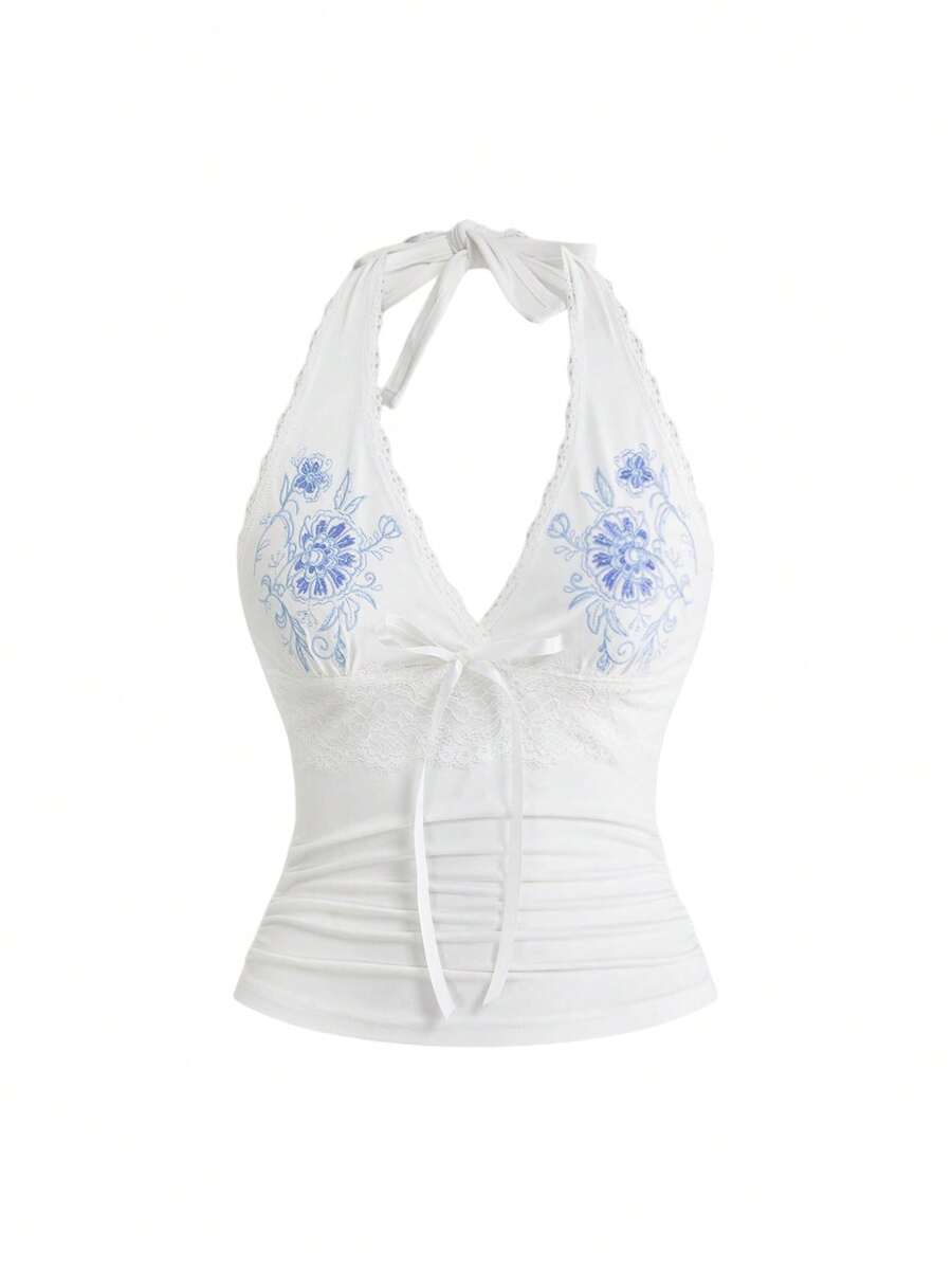 ROMWE Hippie Women's Printed Halter Elegant Tank Top - White - View 1