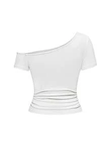 ROMWE Vintage Anime Heroine Graphic Sexy Asymmetrical Shoulder Music Festival T-Shirt For Women - White - View 2