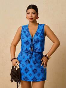 Travachic Plus Size Women's Dark Blue Retro Pattern 2-Piece Set,Front Tie Bow Sleeveless Vest Top With Loose Skort,Boho Summer Vacation Holiday Outfit - Blue - View 5