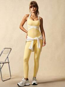 VARSIVA Women's Casual Sports Contrast Stripe Jumpsuit - Mustard Yellow - View 6