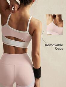 VARSIVA 黑白撞色拼接条纹镂空高腰女式运动套装 - 藕粉色 - 查看 8