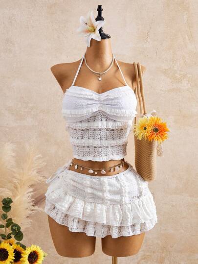 Bellisia 26SS Spring/Summer Vacation Beige Ruffled Bandeau Sweet & Cute Textured Fabric Women 3 PiecesSwimsuit Set