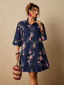 Travachic Plus Size Casual Boho Floral Print Button Front Denim Dress Vacation Dusty Blue Autumn - Dark Wash - View 8