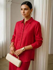 ZEYLAH 亚麻纽扣衬衫 - 紅色 - 查看 6
